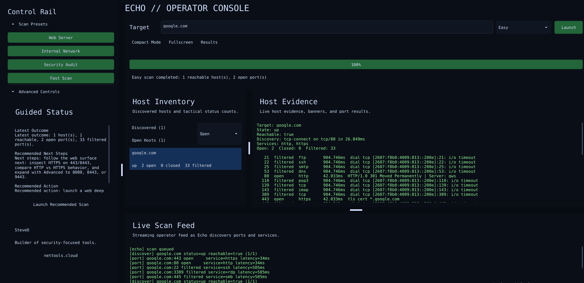 Echo operator console showing host inventory, host evidence, and live scan feed